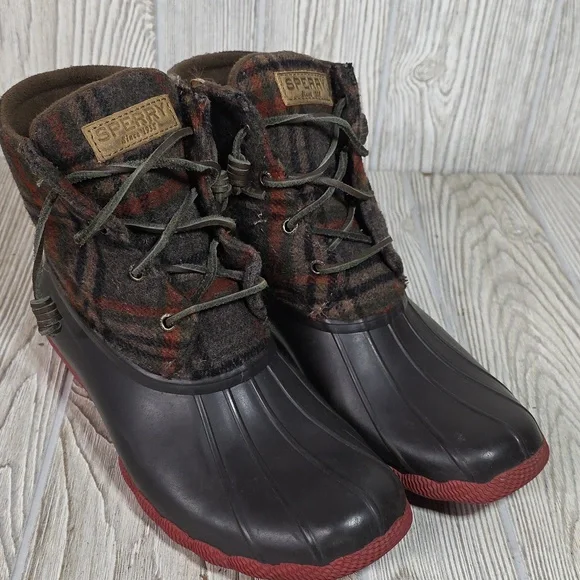 Sperry Saltwater Brown Plaid Duck Boots Womens Size 9 - Picture 9 of 14